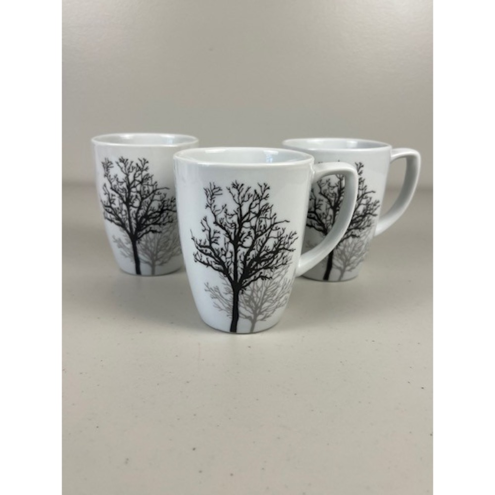 Corelle Coordinates TIMBER SHADOWS Porcelain Tree Coffee Tea Mugs White Set of 3 - Picture 3 of 8